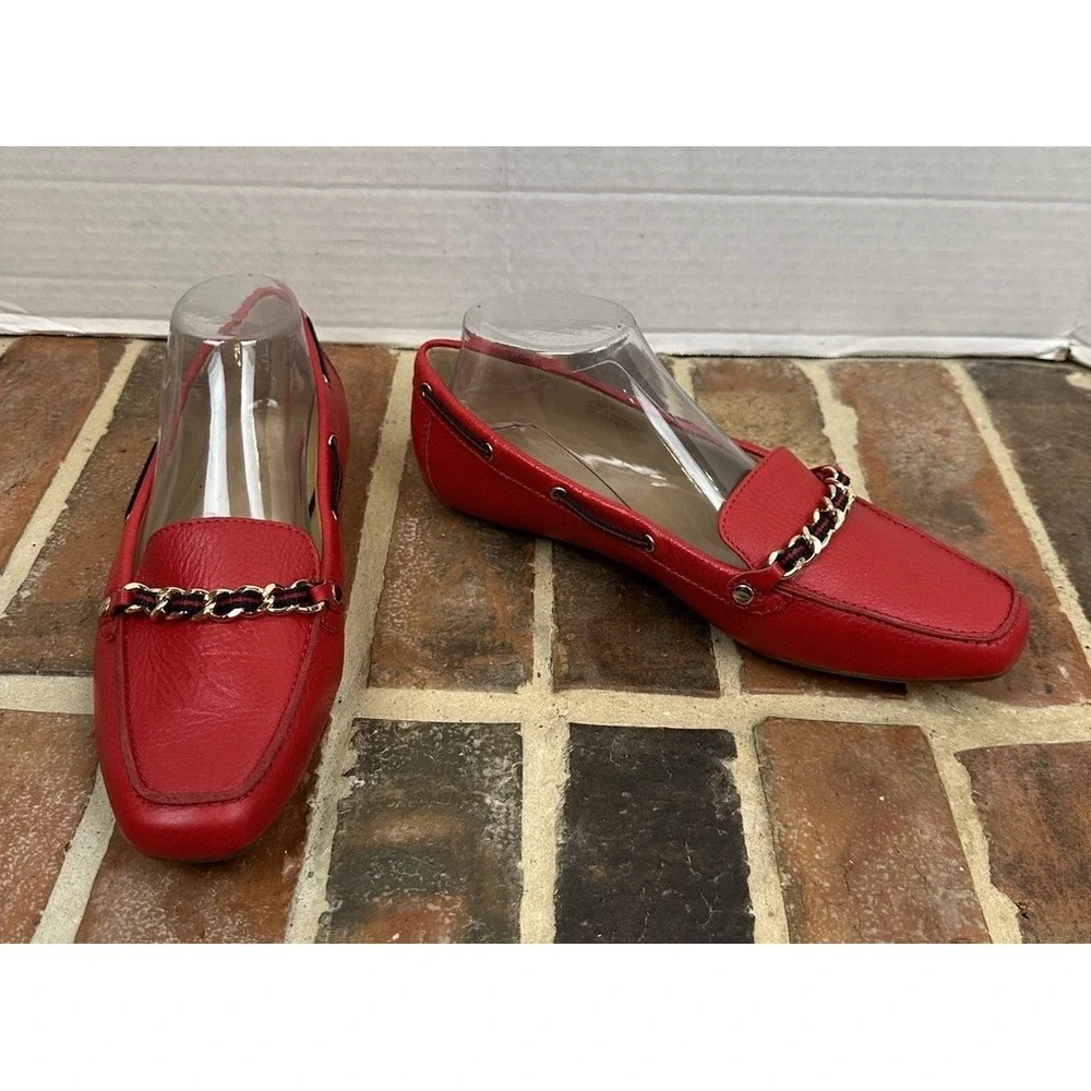 Talbots Red Leather Driving Moccasin Ribbon Chain Detail Loafer Shoes Women 9.5